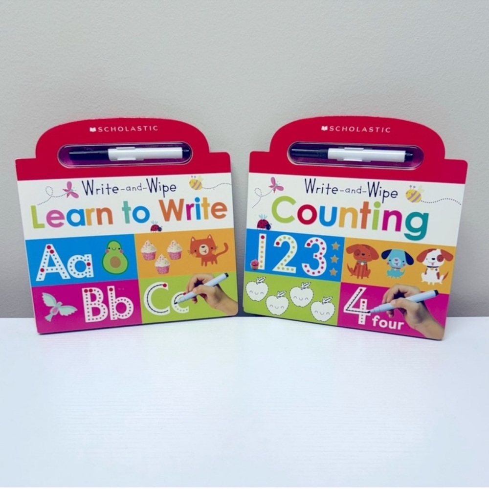 New! Scholastic Write-and-Wipe Learning Books - Counting & Write Alphabet
